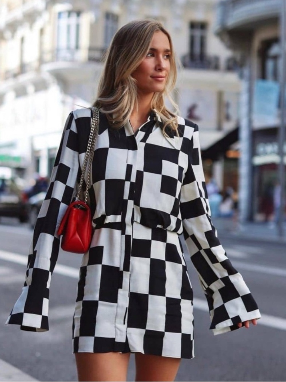 MNG Mango Checkerboard Mini Shirt Dress Size 2 Mod Graphic Bell Sleeve Chic